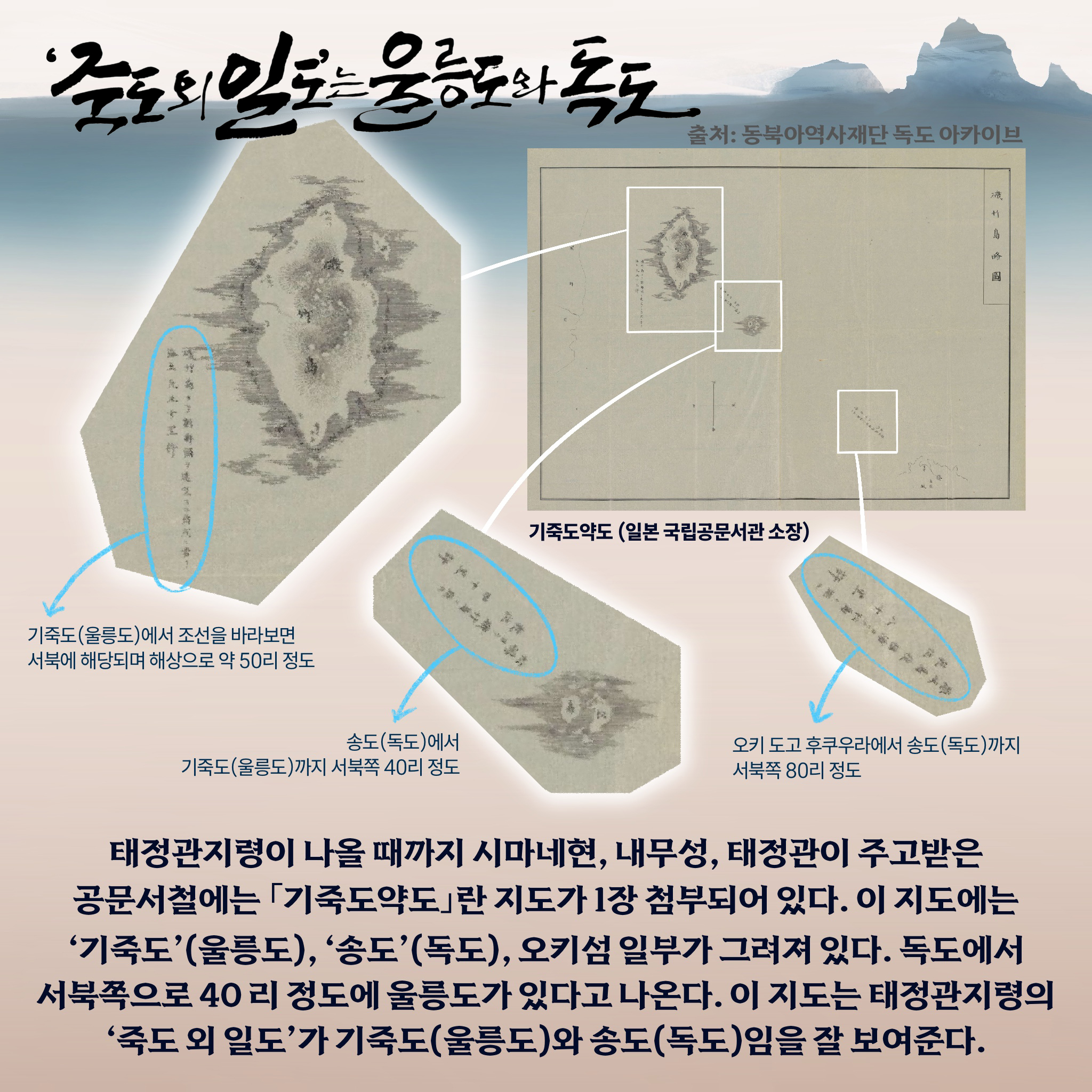 ‘죽도 외 일도’는 울릉도와 독도 태정관지령이 나올 때까지 시마네현, 내무성, 태정관이 주고받은 공문서철에는 ｢기죽도약도｣란 지도가 1장 첨부되어 있다. 이 지도에는 ‘기죽도’(울릉도), ‘송도’(독도), 오키섬 일부가 그려져 있다. 독도에서 서북쪽으로 40리 정도에 울릉도가 있다고 나온다. 이 지도는 태정관지령의 ‘죽도 외 일도’가 울릉도(죽도)와 독도(송도)임을 잘 보여준다.
