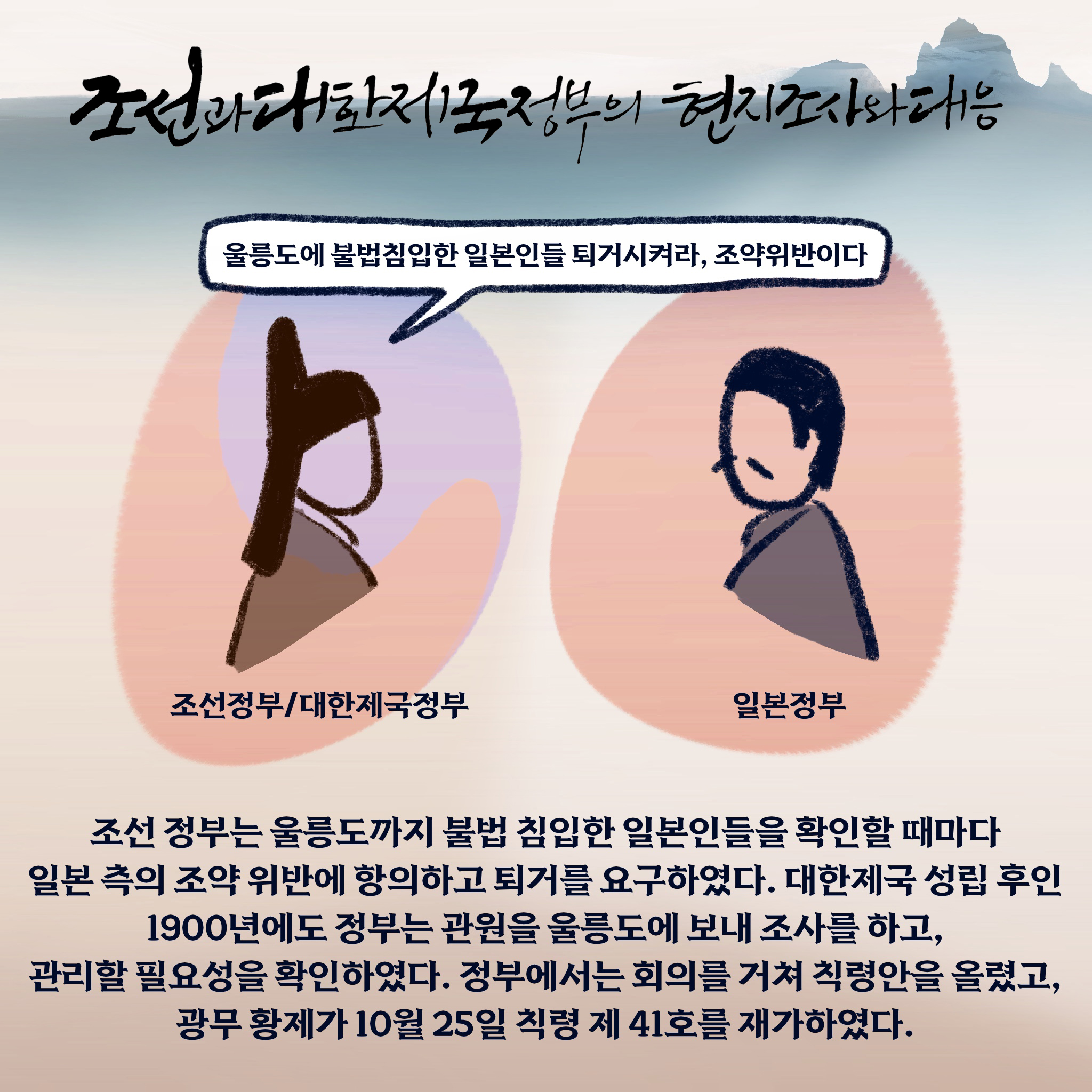 조선과 대한제국 정부의 현지 조사와 대응 조선 정부는 울릉도까지 불법 침입한 일본인들을 확인할 때마다 일본 측의 조약 위반에 항의하고 퇴거를 요구하였다. 대한제국 성립 후인 1900년에도 정부는 관원을 울릉도에 보내 조사를 하고, 관리할 필요성을 확인하였다. 정부에서는 회의를 거쳐 칙령안을 올렸고, 광무 황제가 10월 25일 칙령 제41호를 재가하였다.
