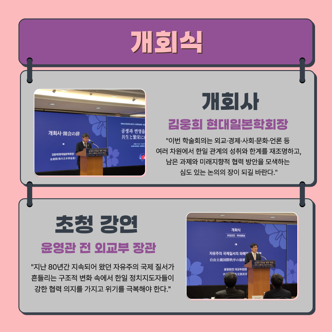 개회사, 김웅희 현대일본학회장, "이번 학술회의는 외교·경제·사회·문화·언론 등  여러 차원에서 한일 관계의 성취와 한계를 재조명하고, 남은 과제와 미래지향적 협력 방안을 모색하는  심도 있는 논의의 장이 되길 바란다." 초청 강연, 윤영관 전 외교부 장관 "지난 80년간 지속되어 왔던 자유주의 국제 질서가 흔들리는 구조적 변화 속에서 한일 정치지도자들이 강한 협력 의지를 가지고 위기를 극복해야 한다."